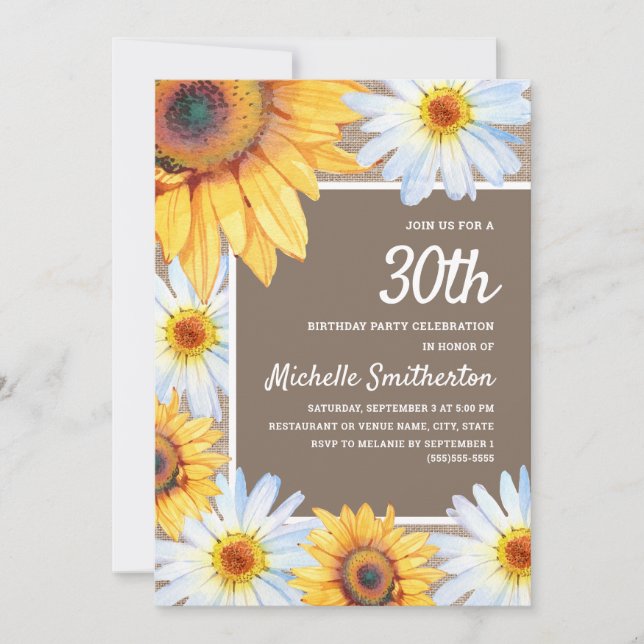 Invitation Sunflowers White Daisies Burlap 30e anniversaire (Devant)