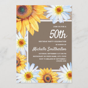 Invitation Sunflowers White Daisies Burlap 50e anniversaire