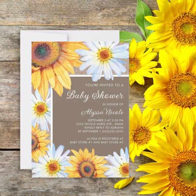 Invitation Sunflowers White Daisies Burlap Baby shower (Sunflowers and daisies rustic baby shower invitation)