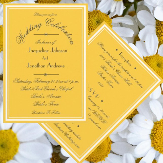 Invitation Sunny Yellow All In One RSVP Courriel Site Web Mar (Sunny yellow All-In-One wedding invitations with chic elegant script, RSVP, email, website etc.)