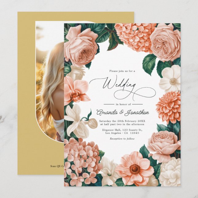Invitation Sunrise Coral/Blush Peach/Driftwood Cream Wedding (Devant / Derrière)