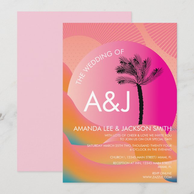 Invitation Sunrise Tropicale Gras Rose Orange Blanc Mariage (Devant / Derrière)
