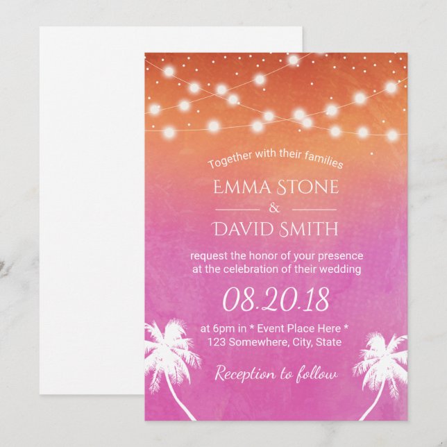Invitation Sunset Beach Mariage Palmiers Elégant Aquarelle (Devant / Derrière)