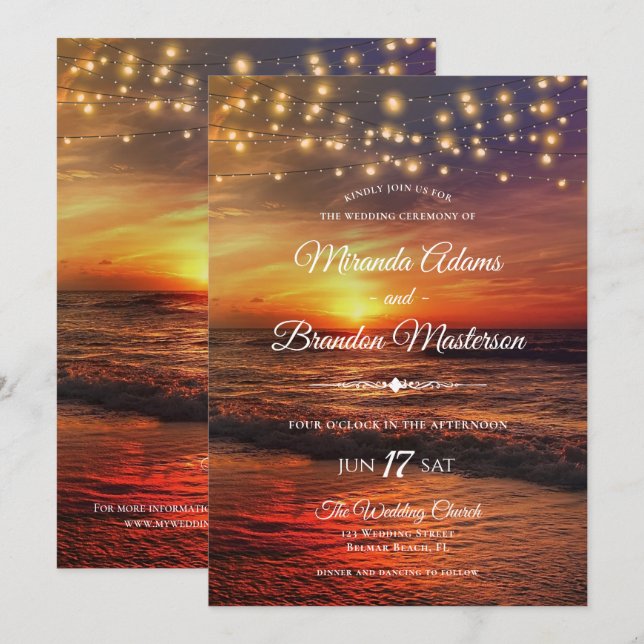 Invitation Sunset Beach String Lights Cérémonie des Mariages  (Devant / Derrière)