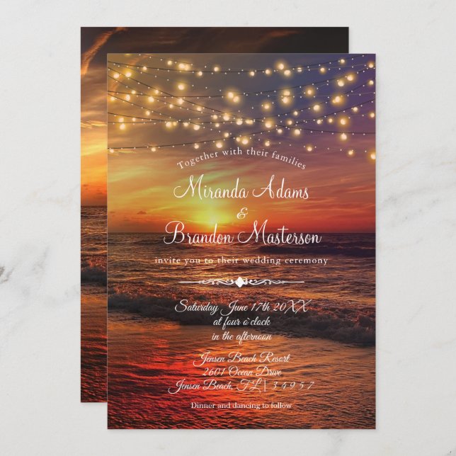 Invitation Sunset Beach String Lights Cérémonie des Mariages  (Devant / Derrière)