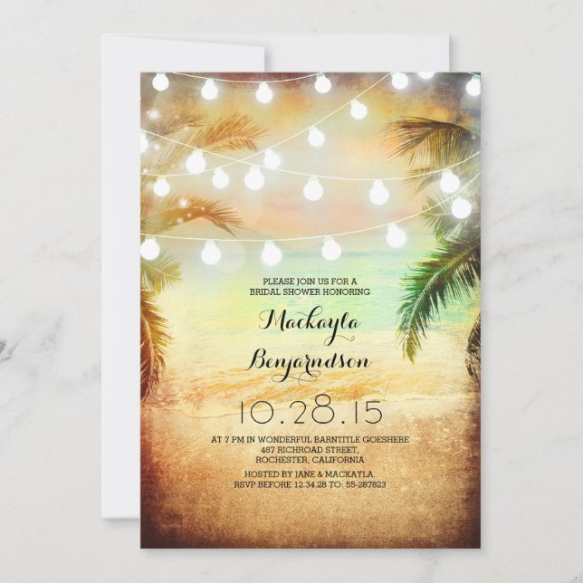 Invitation Sunset Beach & String Lights Fête des mariées (Devant)