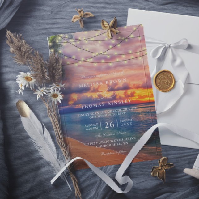 Invitation Sunset Beach String Lights QR Code Wedding (Créateur téléchargé)