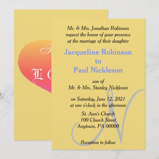 Invitation Sunset Coeur Jaune Bleu Mariage Monogramme (Devant / Derrière)