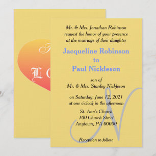Invitation Sunset Coeur Jaune Bleu Mariage Monogramme