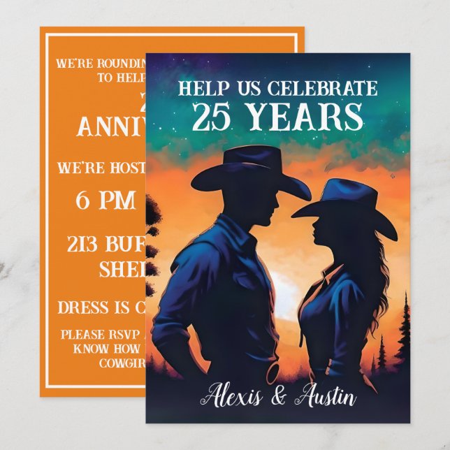 Invitation Sunset Cowboy et Cowgirl 25e anniversaire (Devant / Derrière)