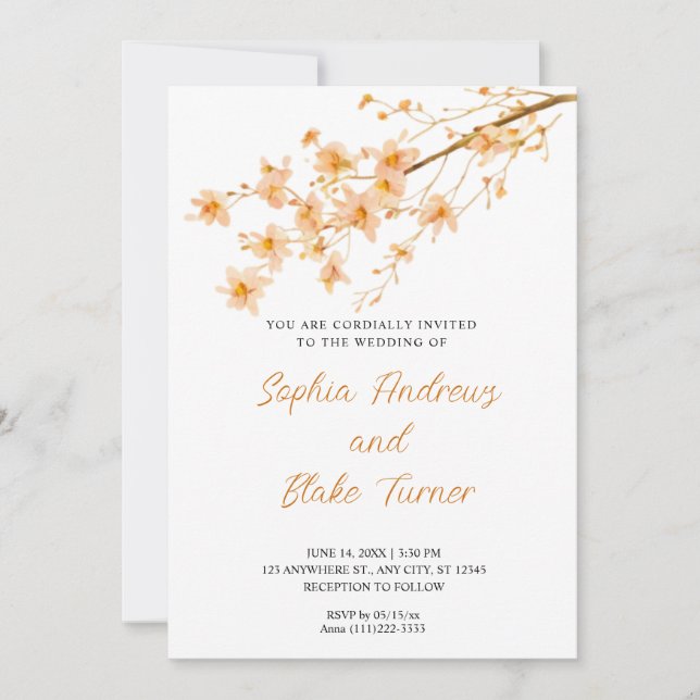 Invitation Sunset Orange Fleurs sauvages Simple Mariage blanc (Devant)