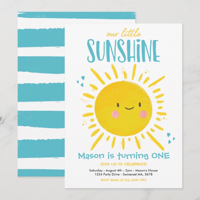 Invitation Sunshine Anniversaire fête Turquoise Little Sunshi (Devant / Derrière)