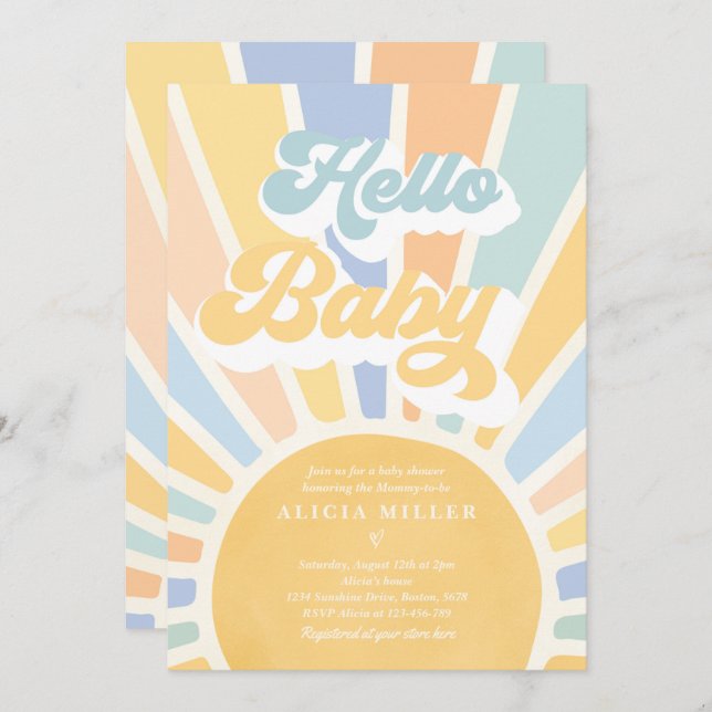 Invitation Sunshine Baby shower Boho Blue Rainbow Sunshine (Devant / Derrière)