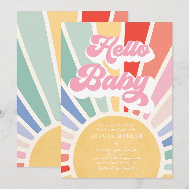 Invitation Sunshine Baby shower Boho Retro Rainbow Sunshine (Devant / Derrière)