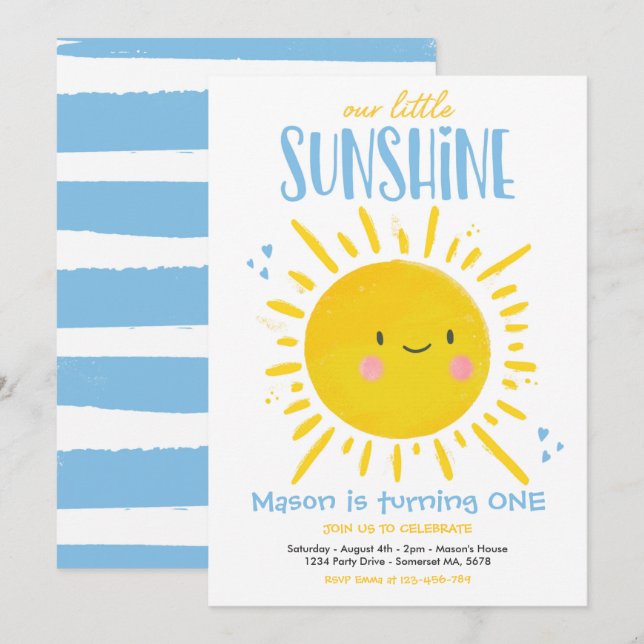 Invitation Sunshine Birthday Party Blue Our Little Sunshine (Devant / Derrière)