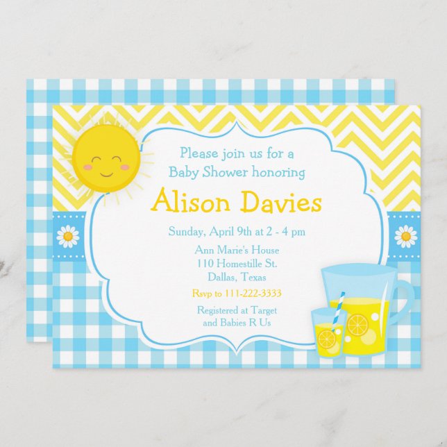 Invitation Sunshine et Lemonade Baby shower bleu et jaune (Devant / Derrière)