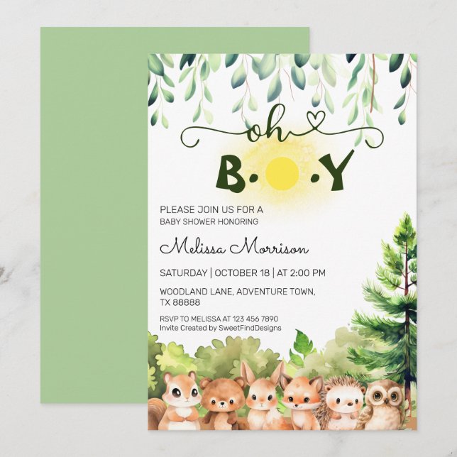 Invitation Sunshine Forest Animaux Baby Boy Douche (Devant / Derrière)