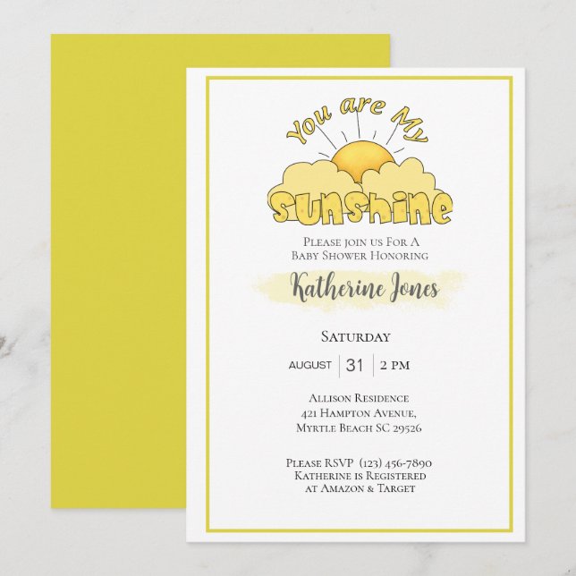Invitation Sunshine Genre Neutre Cute Baby shower Soleil (Devant / Derrière)