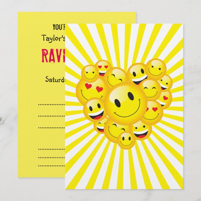 Invitation Sunshine Jaune Joyeux Sourire Face Rave Party (Devant / Derrière)