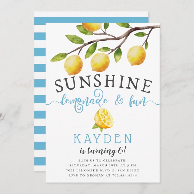 Invitation Sunshine Lemonade et Fun Boy's Birthday Party (Devant / Derrière)