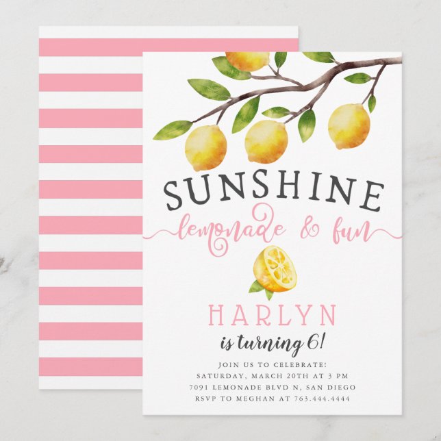 Invitation Sunshine Lemonade et Fun Girl's Birthday Party (Devant / Derrière)