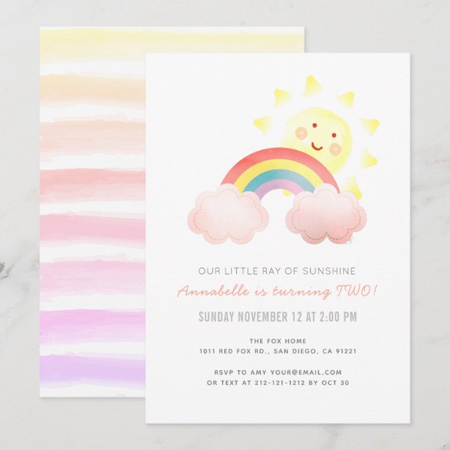 Invitation Sunshine & Rainbow Girl Birthday Party (Devant / Derrière)