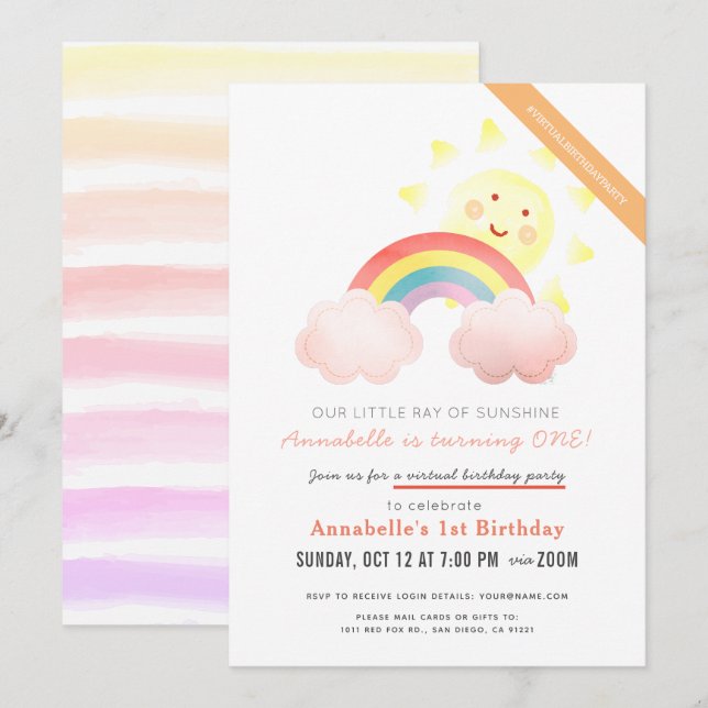Invitation Sunshine & Rainbow Girl Virtual Birthday Party (Devant / Derrière)