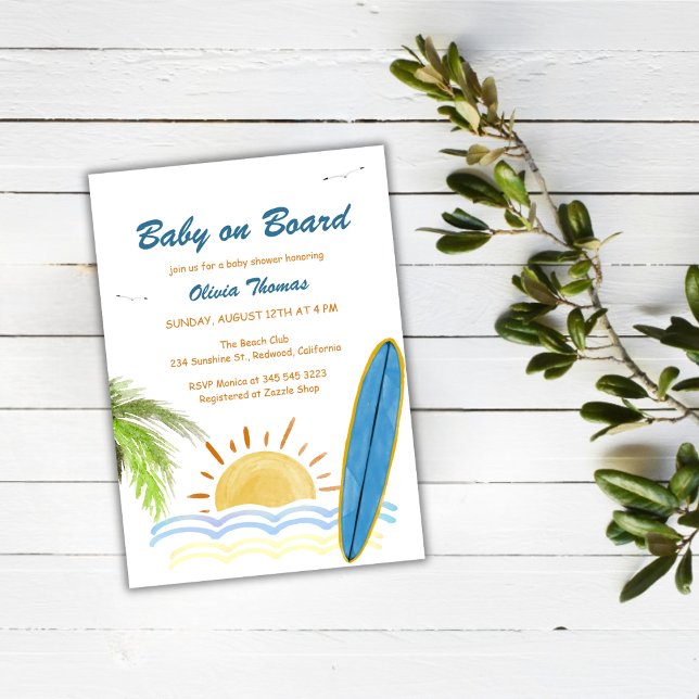 Invitation Sunshine Surf Tropical Baby à bord du Baby shower (Sunshine Tropical Surf Baby On Board Baby Shower Invitation)