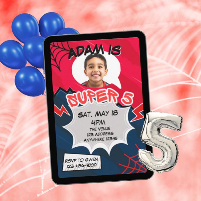 Invitation Super 5 Red Black Web Comic 5th Birthday  (Créateur téléchargé)
