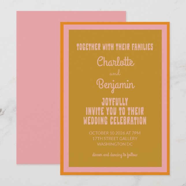 Invitation Super 60s les années 70 Colorful Rose Mustard Mari (Devant / Derrière)