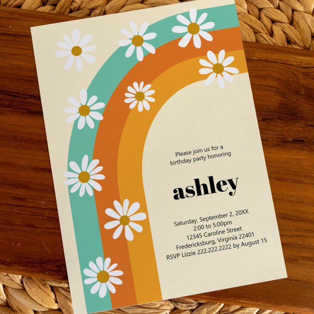 Invitation Super Arc-en-ciel des années 1970 Boho Daisy Birth (Créateur téléchargé)