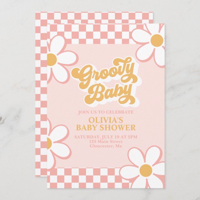 Invitation Super Baby Retro Check Rose Daisy (Devant / Derrière)