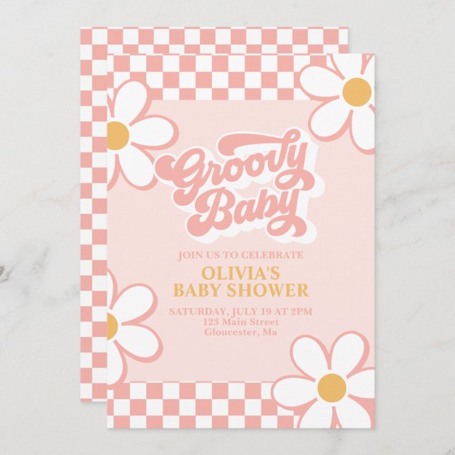 Invitation Super Baby Retro Check Rose Daisy (Devant / Derrière)