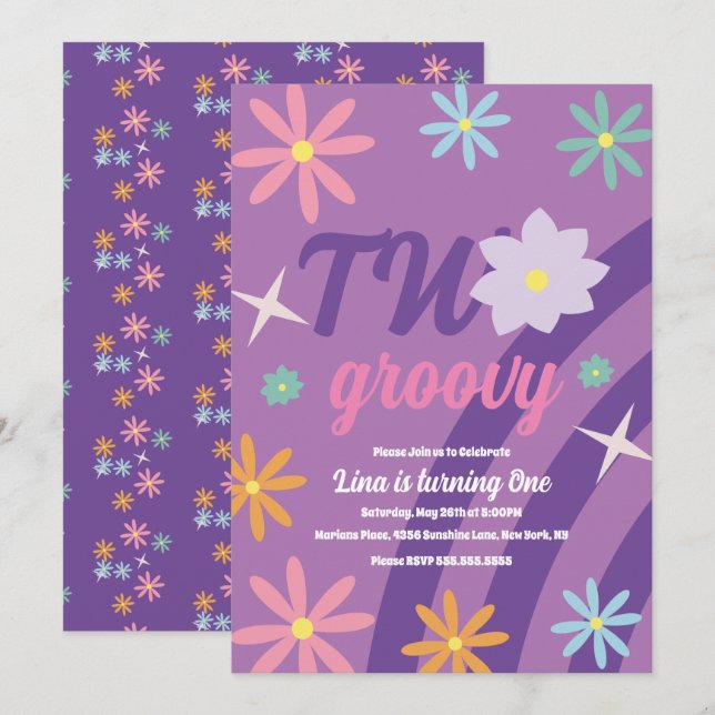 Invitation Super deux Floral premier anniversaire Retro Purpl (Devant / Derrière)