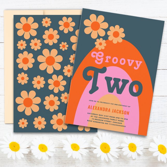 Invitation Super Deux Retro 2e fête d'anniversaire (Groovy two retro daisy arch 2nd birthday party invitation navy blue orange pink and yellow)