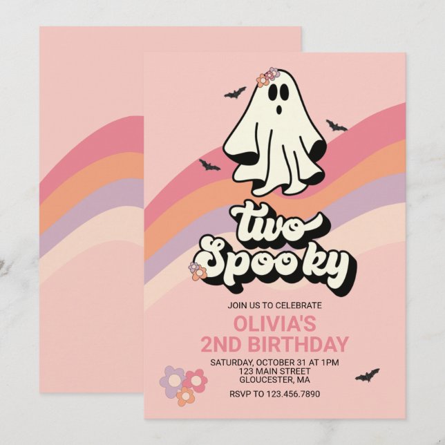 Invitation super Ghost retro Halloween Deux Anniversaire Éffr (Devant / Derrière)