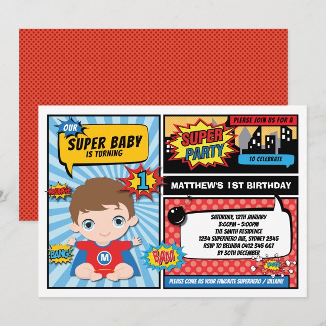 Invitation Super Hero 1er anniversaire Superhero Comics Party (Devant / Derrière)