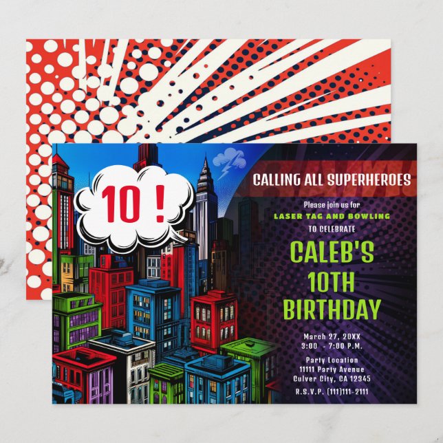Invitation Super Hero Comic Book City Anniversaire Party (Devant / Derrière)