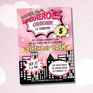 Invitation Super Héros Comic Style de livre Fille Anniversair