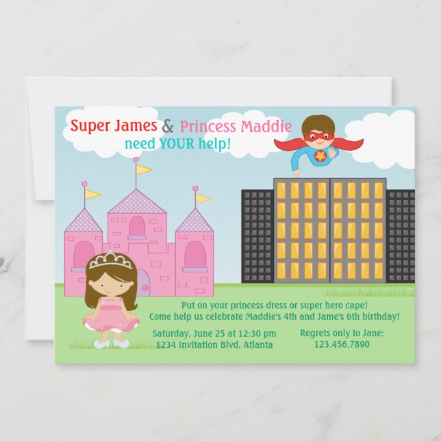 Invitation Super Héros et Princess Twins (Devant)