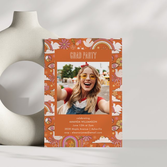 Invitation Super les années 70 rétro Hippie Paix Orange Grad  (Créateur téléchargé)