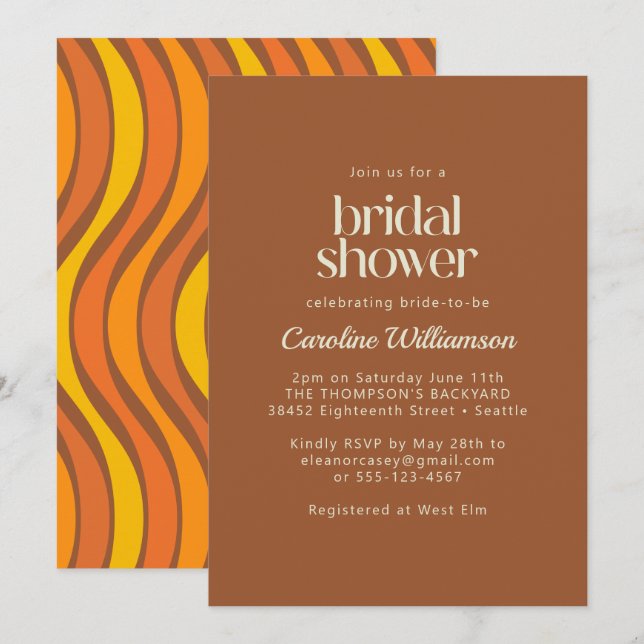 Invitation Super les années 70 Wavy Lines Orange Brown Fête d (Devant / Derrière)