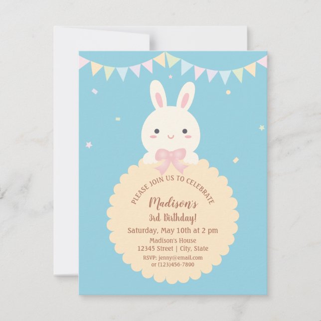 Invitation Super mignonne Kawaii Rabbit Baby Anniversaire de  (Devant)