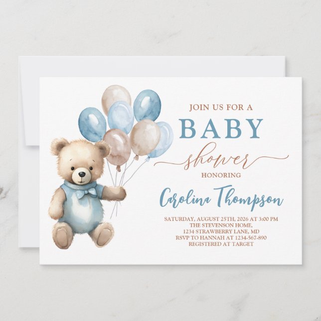 Invitation Super mignonne ours en peluche Boy Blue Pastel Bab (Devant)