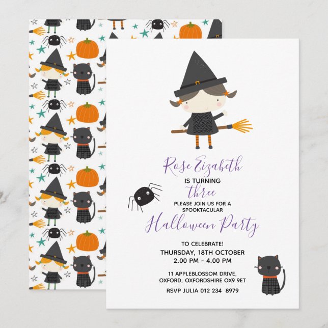 Invitation Super mignonne sorcière Halloween Anniversaire (Devant / Derrière)