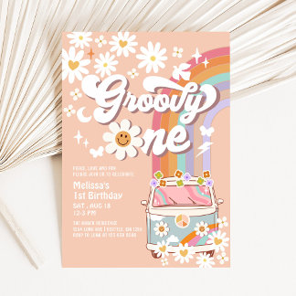 Invitation Super ONE Daisy Rainbow Hippie 70's 1er anniversai