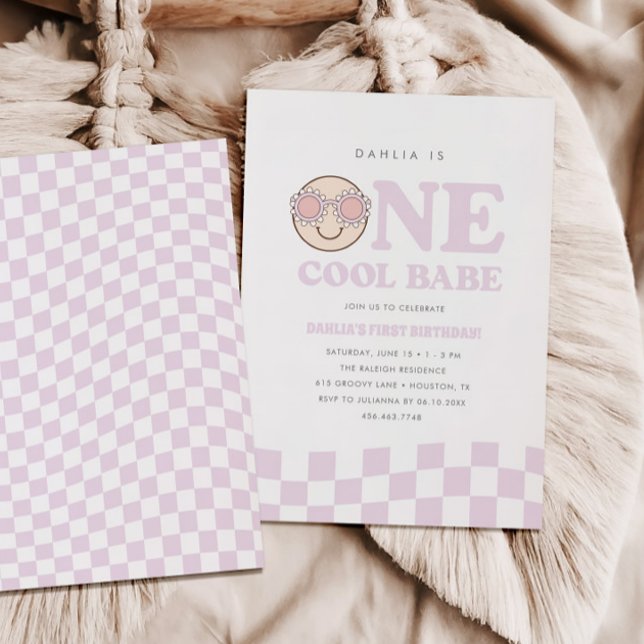 Invitation Super One Girls À damiers Happy Face 1er anniversa (Créateur téléchargé)
