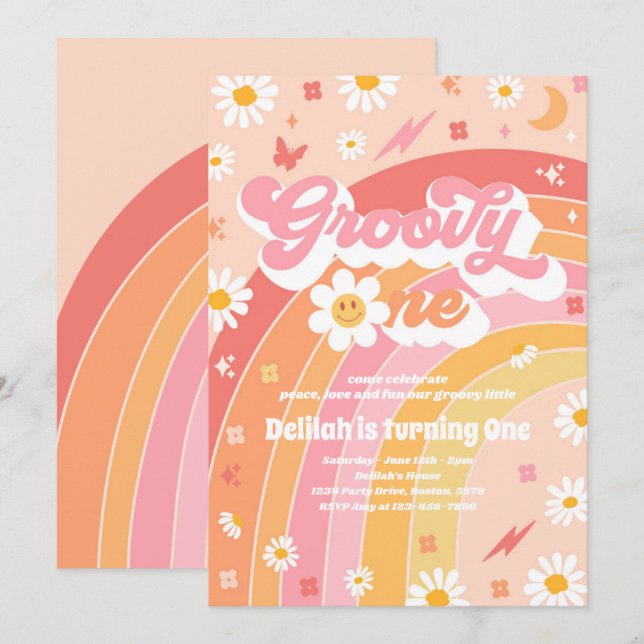 Invitation Super One Peace Love Party Rainbow Birthday Party (Devant / Derrière)