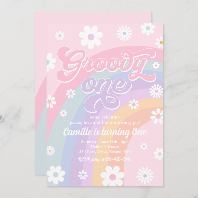 Invitation Super One Retro Daisy Pastel Rainbow Anniversaire (Devant / Derrière)