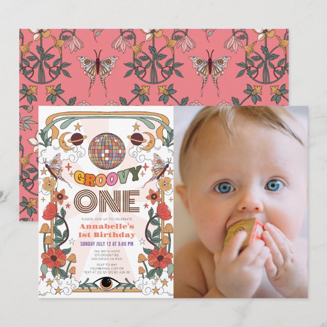Invitation Super One Retro Girl Photo 1er anniversaire (Devant / Derrière)